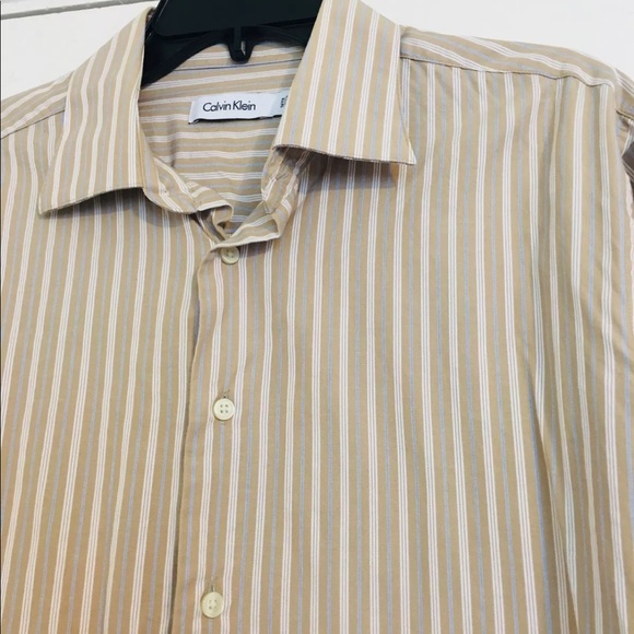Calvin Klein Mens Button Down Tan/Blue 161/2 34/35 - Picture 2 of 6